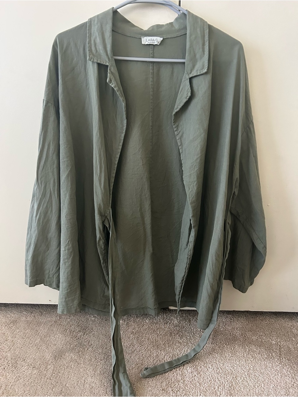 LARA Olive Green Open-Front Tie-Waist Trench Jacket